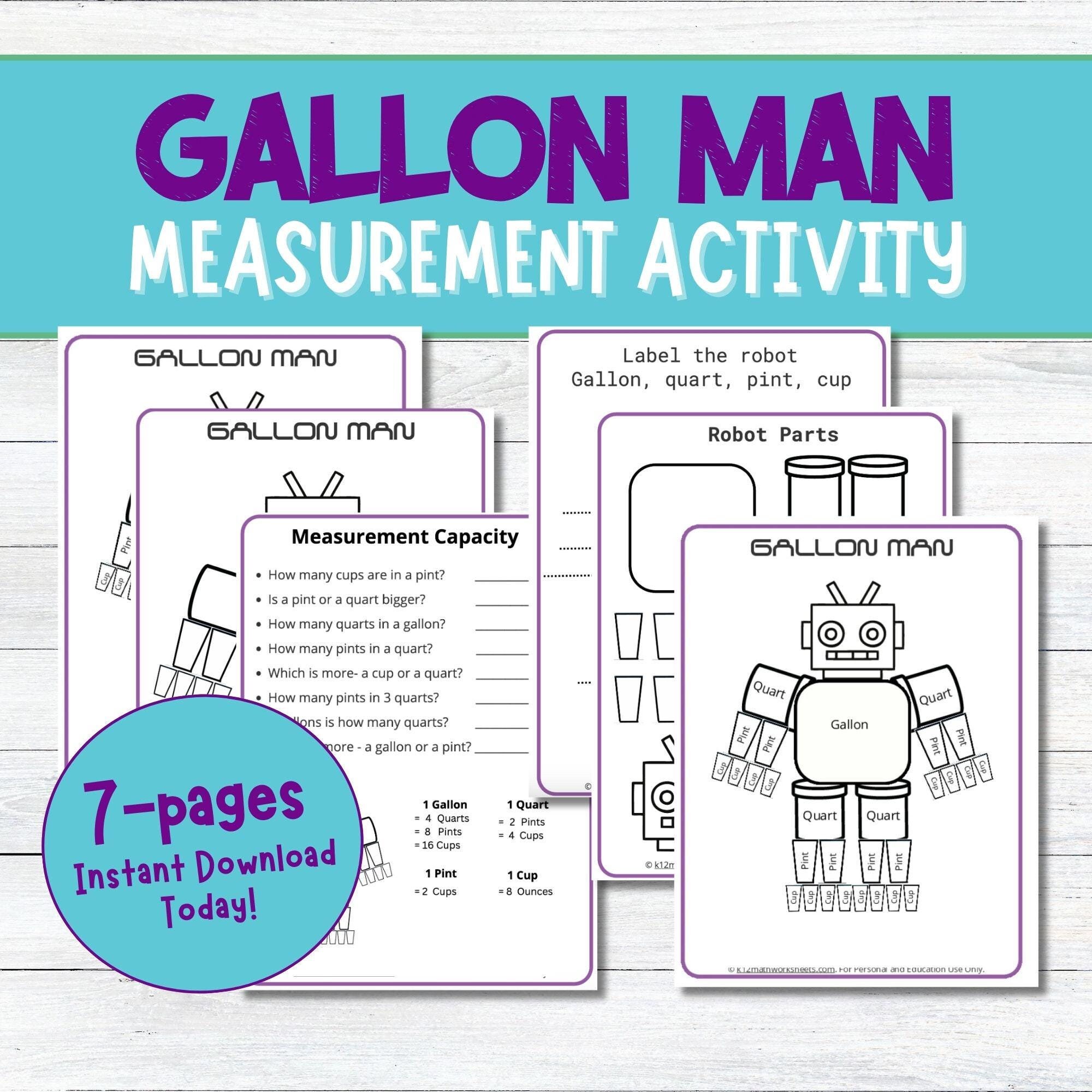 Printable Measurement Worksheets - Etsy for Free Printable Gallon Man Template