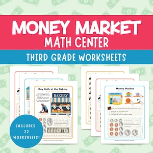 May include: A set of 22 printable worksheets for third grade students to practice money math skills. The worksheets feature a bakery and a toy shop with various items and prices. Students will practice adding, subtracting, and counting coins and bills.