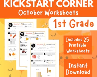 October First Grade Kickstart Corner Halloween Printable Worksheet Activity Bundle for Kids Homeschool Math Resource Morning Work