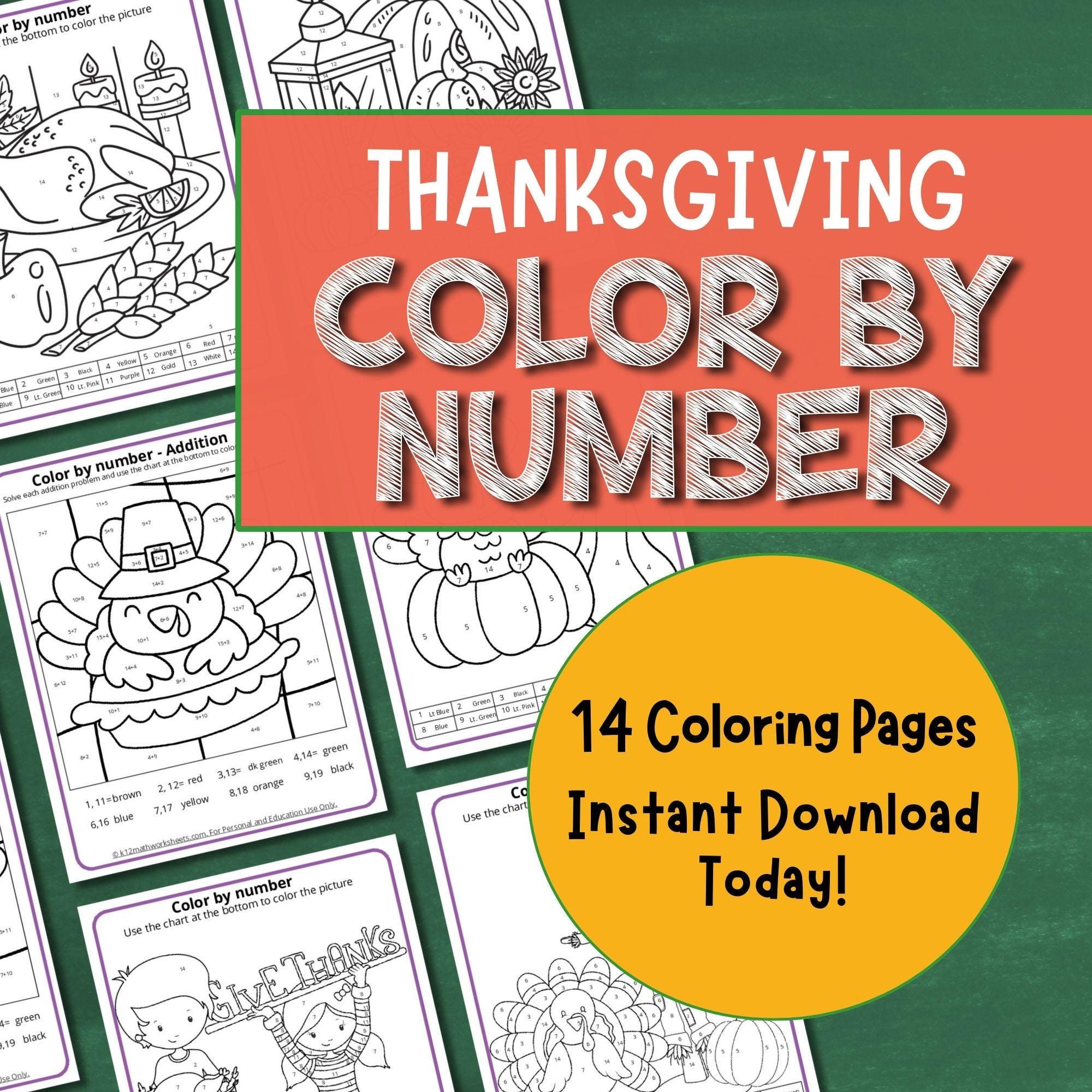 Thanksgiving Color By Number Printable Math Activities for Kindergarten 1st 2nd Grade Addition Worksheet Bundle Fall Coloring Homeschool
