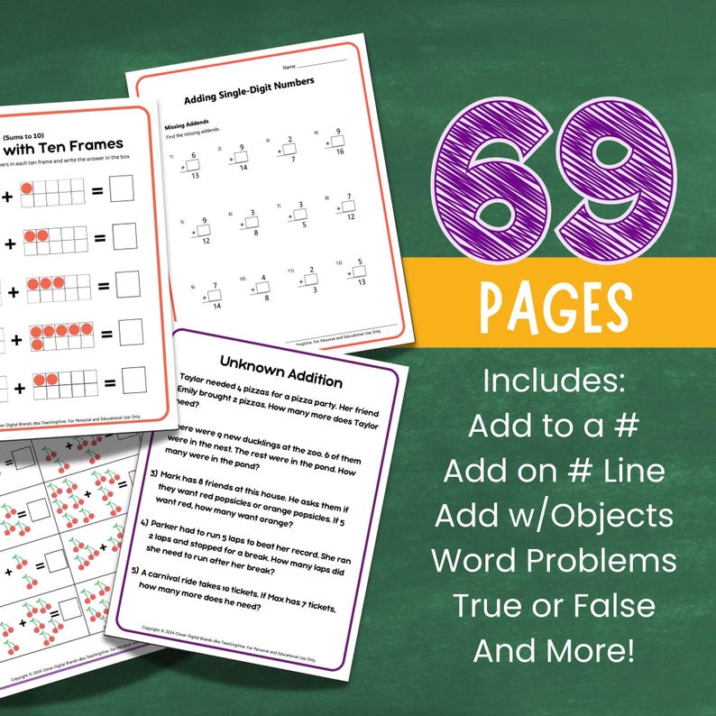 Number Adding Pages Single Digit Addition Math Worksheet Bundle | No-prep Learning Bundle ...