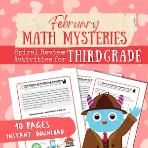 3rd Grade Math Activity - February Math Mystery, Printable Worksheet Bundle for Kids, Valentine's Day, Morning Work, Homeschool Resource