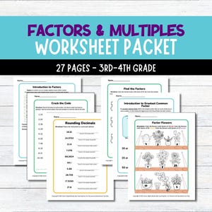 Puede incluir: Un conjunto de 27 hojas de trabajo imprimibles para estudiantes de 3er y 4to grado para practicar factores y múltiplos. Las hojas de trabajo incluyen actividades como encontrar factores, redondear decimales y colorear flores según sus factores.