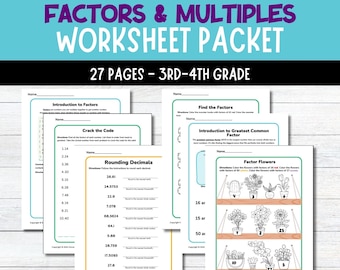 Math Factors and Multiples Worksheet Bundle for 3rd 4th Grade Students Math Activity for Kids Summer Learning 5th Grade Prep Homeschool Math