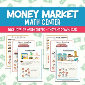Op de afbeelding: Een set van vier printbare werkbladen voor een geldmarkt-rekencentrum. Elk werkblad heeft een ander winkelthema: bakkerij, sport, speelgoedwinkel en schoenenwinkel. De werkbladen bevatten activiteiten voor het tellen van munten en het doen van aankopen.