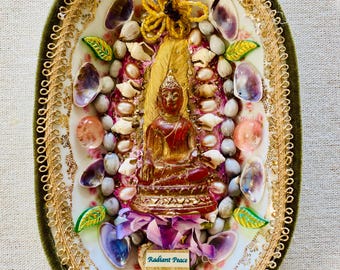Mosaic Buddha Shrine: Vintage Soap Dish, Shells, Pearls Wall Art hand made