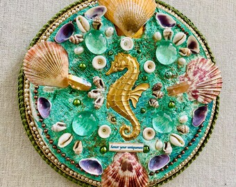 Seahorse healing mosaic mandala-hand made original art with shell and gem inlay