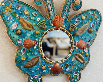 Butterfly mirror wall art -handmade mosaic spiritual home decor turquoise statement art