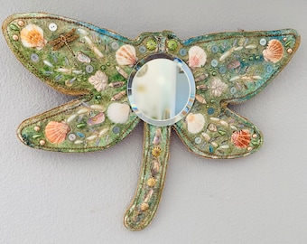 Dragonfly  accent mirror  mosaic wall art spiritual home decor mixed media hand made