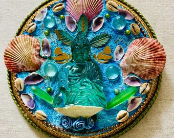 Turquoise Buddha Mosaic Mandala: Spiritual Home Decor Wall Art