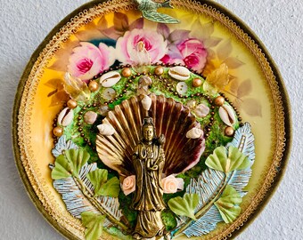 Quan Yin Mosaic: Vintage Plate, Sacred Shell Altar Art hand made