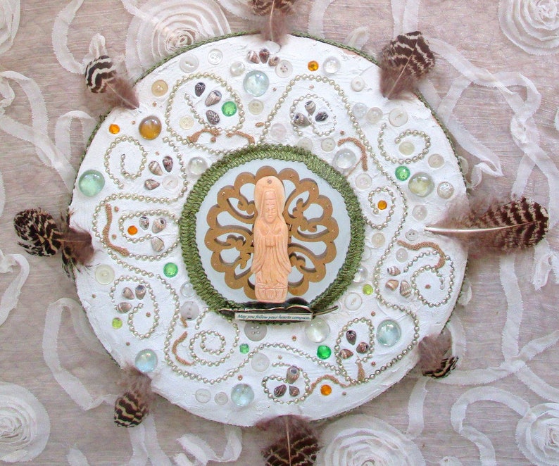 Quan Yin altar mosaic mandala follow your hearts compass spiritual home decor wall art divine feminine
