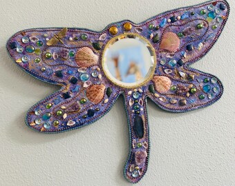 Dragonfly Mosaic Mirror: Mixed Media Spiritual Wall Art hand made