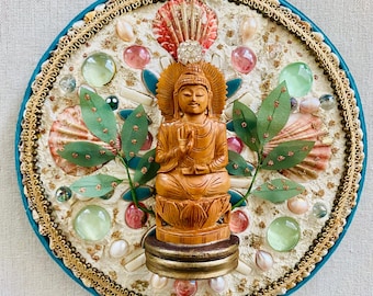 Buddha Mosaic Mandala Wall Art: Sandalwood, Pearls, Shell