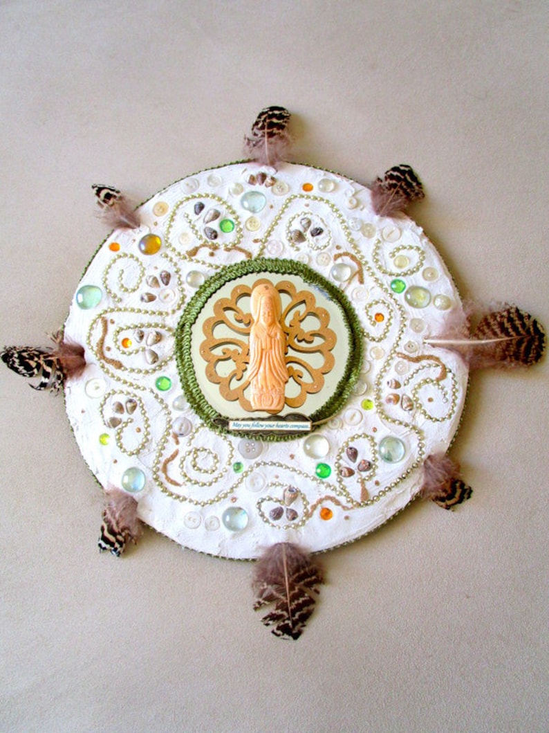 Quan Yin altar mosaic mandala follow your hearts compass spiritual home decor wall art divine feminine