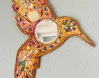 Hummingbird Mosaic Mirror: Abalone, Pearl, Turquoise Inlay handmade