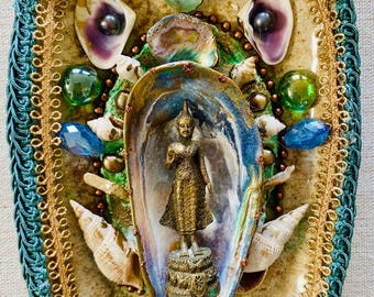 Thai Buddha Mosaic Shrine: Mixed Media Spiritual Altar handmade wall art
