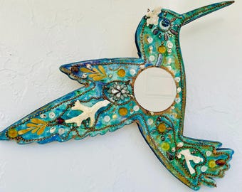 Hummingbird Mosaic Mirror: Abalone, Pearl, Coral Inlay Wall Art handmade