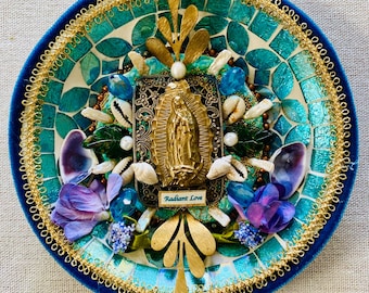 Mother Mary Mosaic Mandala: Sacred Art, Cowrie Shells & Vintage Brass spiritual home decor