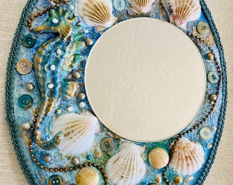 Seahorse accent mirror mosaic coastal wall art  sacred home decor hand made mixed media spiritual healing