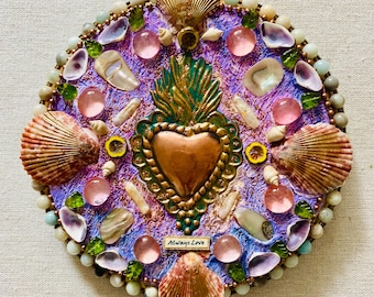Heart Mandala mosaic mixed media sacred art spiritual home decor wall art hand made