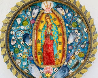 Guadalupe Mosaic Altar Art: Radiant Healing Mandala Home Decor mosaic wall hanging
