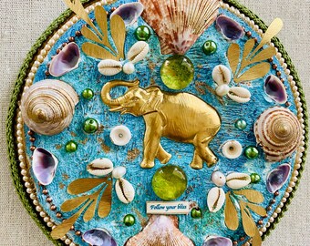 Elephant healing Mandala wall art : Spiritual Home Decor mosaic with shell and pearl inlay