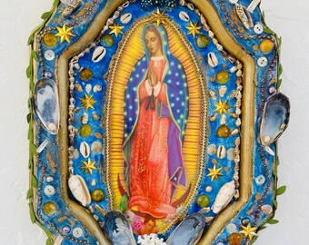 Guadalupe Mosaic Altar: Divine Mother Art, Shell & Pearl Inlay