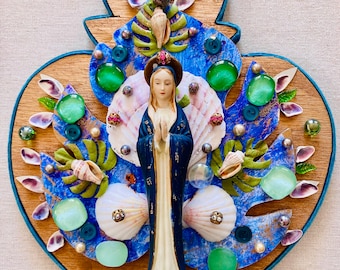 Mother Mary Assemblage Art: Sacred Home Decor with Shells & Pearls
