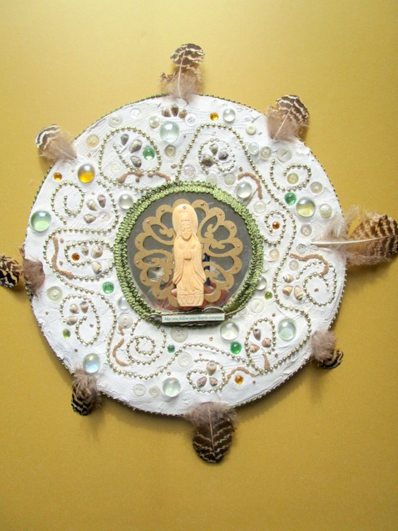 Quan Yin altar mosaic mandala follow your hearts compass spiritual home decor wall art divine feminine