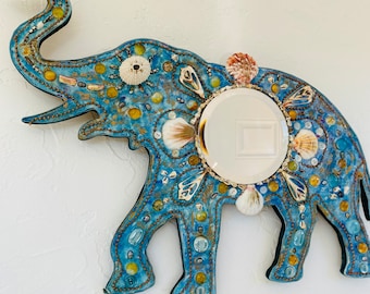 Elephant Mosaic Mirror: Mixed Media Wall Art with Shells and Gems