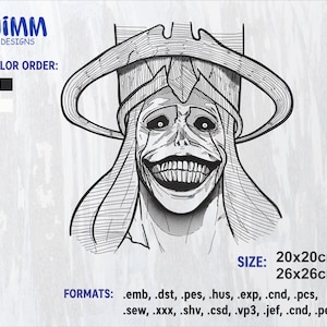 May include: Black and white illustration of a character with a wide grin, wearing a crown-like headpiece. The image includes the text "JIMM DESIGNS", "COLOR ORDER", and size dimensions of 20x20cm and 26x26cm. The image also lists various file formats.