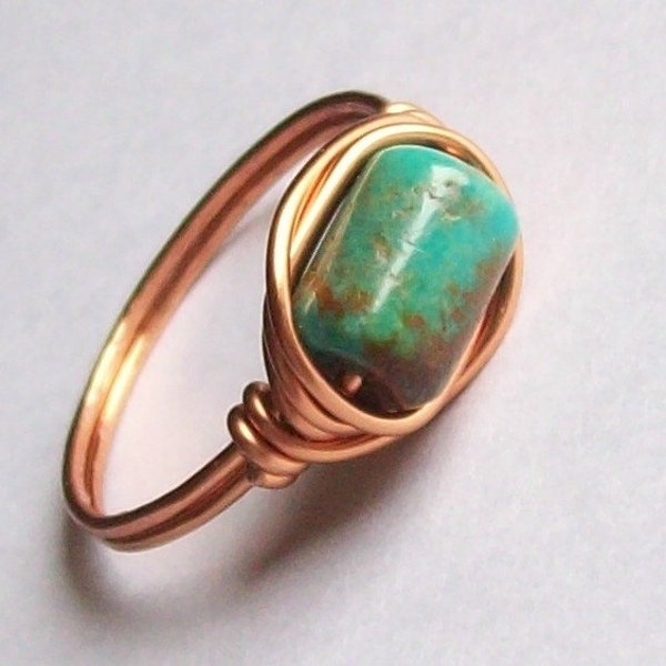 Custom Sizes  - Wire Wrapped Ring - Genuine Turquoise - Coated Copper