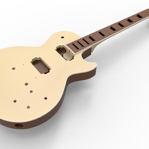 Puede incluir: Un cuerpo de guitarra eléctrica color crema con ribete y mástil marrón. La guitarra tiene recortes para pastillas y controles, y un diapasón con trastes marrones oscuros. El clavijero es de un color marrón más oscuro.
