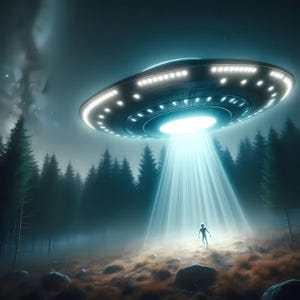 May include: A digitally created image of a UFO hovering over a forest at night. The spacecraft emits a bright blue light, illuminating a figure on the ground. The scene is set against a dark, starry sky.