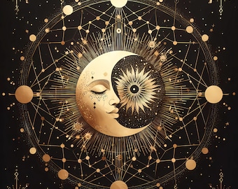 Gold Foil Sun & Moon Celestial Print: Boho Spiritual Wall Art (Digital Download)