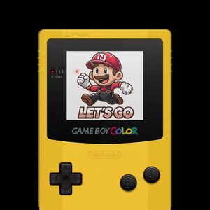 May include: A yellow Game Boy Color handheld gaming console with a black screen displaying a cartoon image of Mario running and the text "LET'S GO". The console has a black directional pad, black A and B buttons, and the text "GAME BOY COLOR" and "Nintendo" printed on the front.