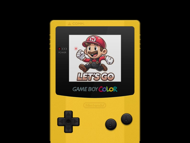 May include: A yellow Game Boy Color handheld gaming console with a black screen displaying a cartoon image of Mario running and the text "LET'S GO". The console has a black directional pad, black A and B buttons, and the text "GAME BOY COLOR" and "Nintendo" printed on the front.