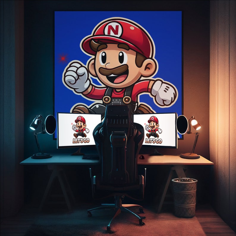 May include: A gaming setup with a black gaming chair, two computer monitors, and two desk lamps. The monitors display a cartoon character wearing a red hat and overalls with the text "Let's Go".