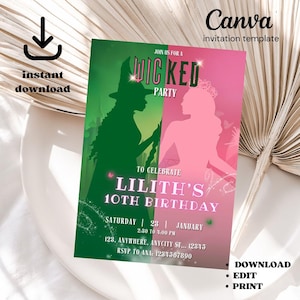 Wicked Geburtstagsfeier-Einladung, Wicked Party-Einladung, WICKED inspirierte Kinokarte, Elphaba & Glinda Theme, Filmparty, Canva Editable