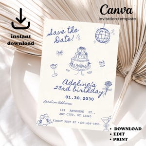 invitation dessinée à la main pour 21 ans | Modèle de toile modifiable avec doodles | Design bleu cocktail et boule disco | Téléchargement instantané