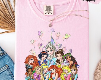 Koszulka Disney Castle Princesses, koszulka Watercolor Princess Vintage, koszulka Girls Trip Disney, Tiana, Elsa i Anna, Belle, Disneyworld Girls