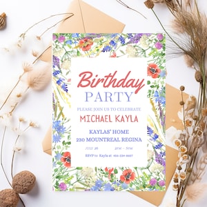 Blush Pink Wildflower Birthday Party Invitation, Meadow Floral Woman's Birthday Invite, Cottage Floral, Editable Template