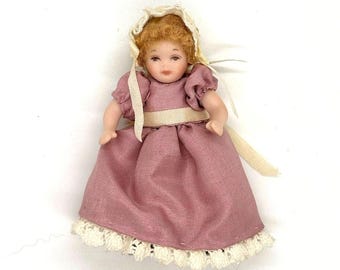 Vintage Miniature Bisque Victorian Baby Doll with Ringlets, Articulated Limbs