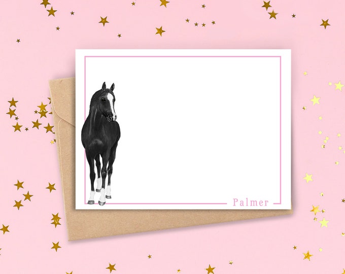 Kid's Personalized Flat notecards, Blank back, All Occasion Cards, Customized NAME BOXED SET Cards 15pk Black Horse, nice kraft box