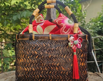 Sac à main kimono avec cordon de serrage en bambou japonais - Kinchaku Kago en fleur rouge