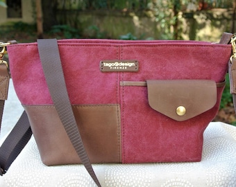 Sac de corps croix en cuir de toile en rouge vin, cuir véritable avec une ceinture d’épaule