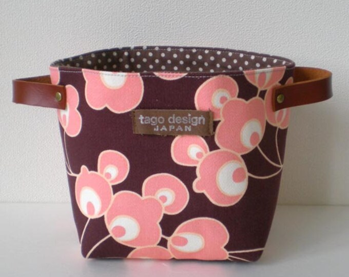 Fabric Basket With Leather Handles Pink Flower in Dark Brown Etsy