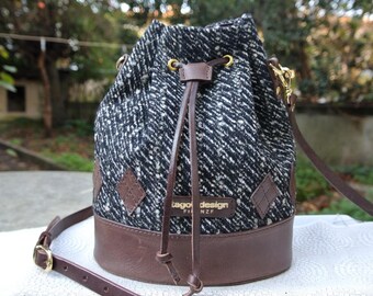 Tweed Bucket bag for winter, Diamond leather parch-work, genuine leather with a shoulder belt