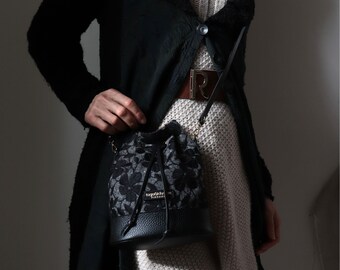 Sac seau en tweed et cuir pour l'hiver en fleur noire, cuir véritable avec une bandoulière